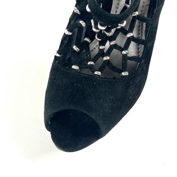 Report Signature Black Suede Caged Peep Toe Platform Heels - Picture 5 of 7